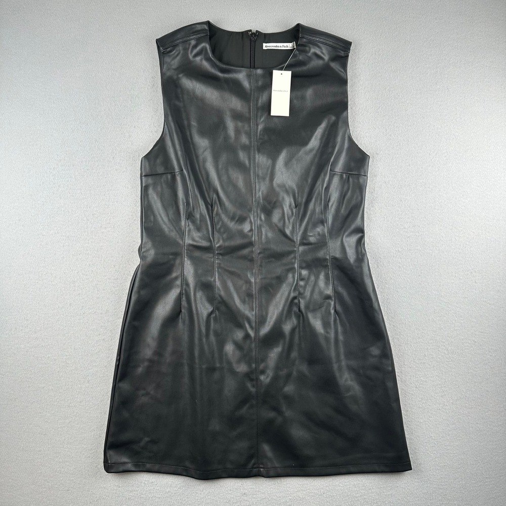 Abercrombie & Fitch Faux Leather Dress Womens L Black Sleeveless Mini Shift 1458